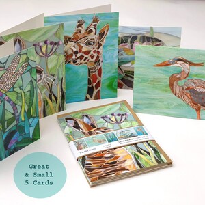 Set met grote en kleine wenskaarten - Set van 5 natuurkaarten - kaart regenboogforel, haas, blauwe reiger, libel, giraf - milieuvriendelijke kaarten