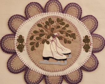 MISTLETOE MEMORIES Candle Mat Embroidery Kit, Penny Rug Kit, Wool Applique Kit, Ice Skates Candle Mat Kit, Felt Kit, Merino Wool Candle Mat