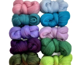 May include: Ten balls of wool in various colours, including pink, blue, teal, purple, green, and lime green. The balls are arranged in two rows of five.