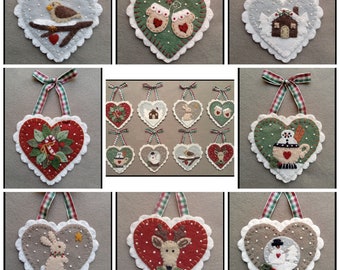 HOLIDAY HEARTS All Inclusive Ornament Kit, Applique Wool Felt Kit, Home Decor, DIY Gifts, Christmas Ornaments, Embroidery Kit, 8 DeSIgNS