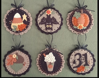 OCTOBER TREATS All Inclusive Fall Ornament Kit, Wool Felt Applique, Fall Decor, DIY Gifts, Halloween, Ornaments, Embroidery Kit, 6 DeSIgNS