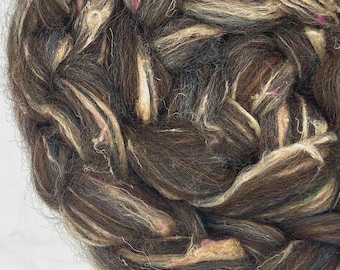 RECLAIMED OAK Roving Blend, Recycled Wool & Sari Silk, Felting, Spinning, Weaving