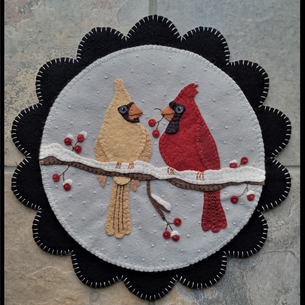 DEVOTED TO YOU Candle Mat Embroidery Kit, Wool Felt Penny Rug Kit, Cardinal Birds Wool Felt Kit, Merino Wool Candle Mat Kit Applique Kit