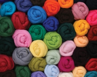 May include: A collection of colorful wool roving in various shades, including red, orange, yellow, green, blue, purple, pink, brown, and white. The wool is rolled into balls and arranged in a grid pattern.
