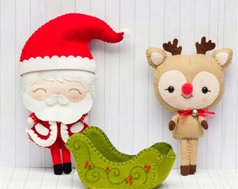 KIT **DIY Wool Felt ORNAMENT, Santa Rudolph & Sleigh Wool Ornaments Kit, Wool Felt Christmas Doll Ornie Kit, Ornament Kit, Wool Applique Kit