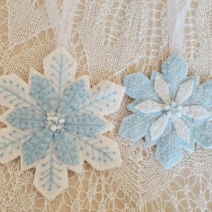 May include: Two blue and white felt snowflake ornaments with beaded centers. The snowflakes are hanging from white ribbon against a white lace background.