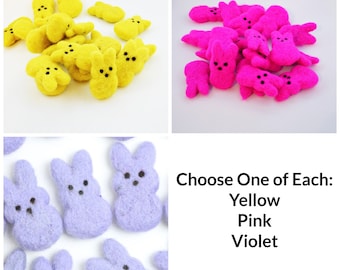 2.25 Inch Felted Bunnies Pair of Pink, Pair of Yellow, Pair of Violet Bunnies, Felt Ball Supplies Felted Spring Shapes DIY Pom Pom Garland