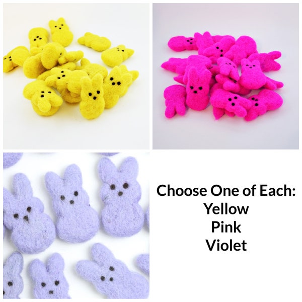 2.25 Inch Felted Bunnies Pair of Pink, Pair of Yellow, Pair of Violet Bunnies, Felt Ball Supplies Felted Spring Shapes DIY Pom Pom Garland