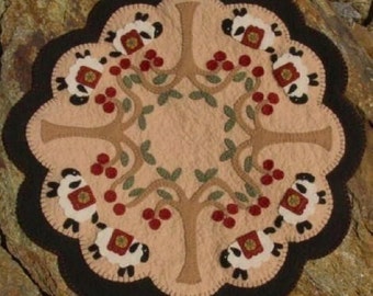 UNDER the CHERRY TREES, Candle Mat Kit, Penny Rug, Wool Felt Applique Kit, Sheep Candle Mat Kit,  Wool Felt Kit, Merino Wool Embroidery  Kit