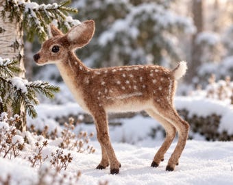 May include: A needle-felted fawn figurine with brown fur, white spots along its back, and a small white tail. The deer has dark eyes, a dark nose, and pointed ears, standing in a snowy environment with evergreen branches visible nearby.