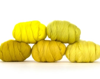 MERINO WOOL ROVING 23 Microns, Yummy Yellow Palette Color Pack, Spinning Fiber, Felting Crafts, Weaving,  Wet Dry Felting, Combed Top,