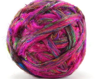 FIREWORKS SARI Silk 2 ozs., Sari Silk,  Roving, Handmade Silk Roving, Spinning Fiber, Weaving Silk , Weaving, Craft Supplies Wool Art Blend