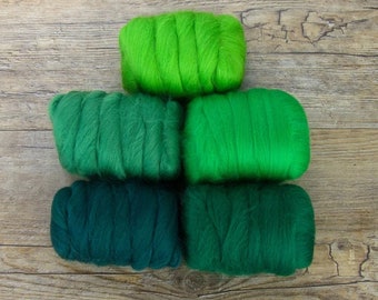 MERINO WOOL ROVING 23 Microns, Green Leaves Palette Color Pack, Spinning Fiber, Felting Crafts, Weaving,  Wet Dry Felting, Combed Top,