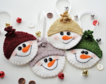 4 SNOW FACES All Inclusive Ornament Kit, Felt Ornament Kit, Snowmen Wool Felt Craft Kit, Diy Gifts, Christmas Felt Crafts, 4 Ornaments