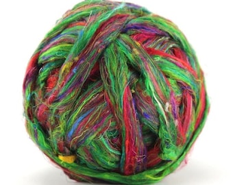 CARNIVAL SARI Silk 2 ozs. Sari Silk  Roving, Handmade Roving, Spinning, Sari Silk Roving for Weaving, Fiber Craft Supplies, Wool Art Blend