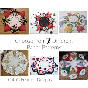 May include: A collection of seven different paper patterns for decorative items. The patterns include designs with penguins, candy canes, flowers, candles, stars, and snowmen. The text reads "Choose from 7 Different Paper Patterns."
