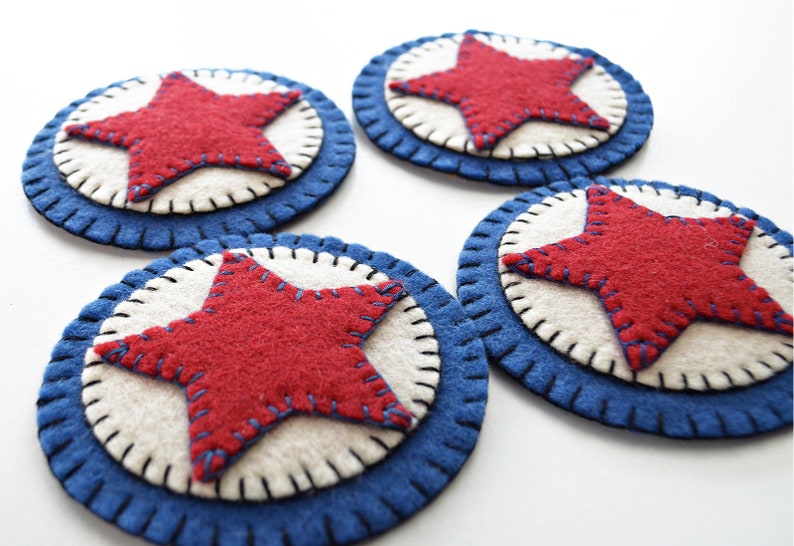 4 Pc Red White /& Blue Coaster Kit Prim Stars Coaster Kit All Inclusive Wool Felt Applique Kit Penny Rug Wool Felt Kit Merino Wool Felt Kit