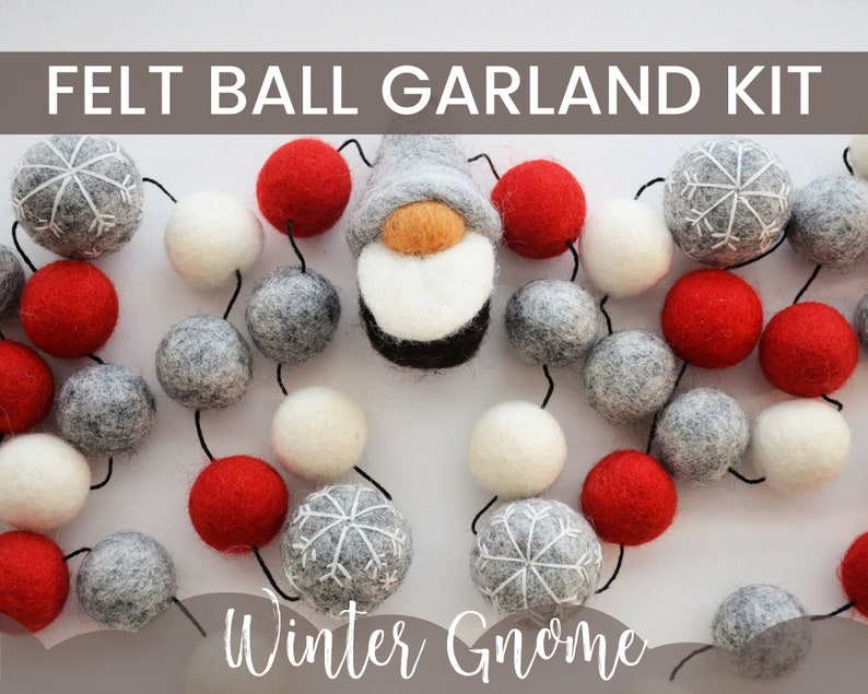 Winter Gnome Garland Kit, Christmas Garland, Felt Ball Garland Kit, DIY Christmas Garland, Pom Pom Garland, Felt Pom Garland Kit, Home Decor image 1