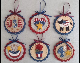 STARS n STRIPES All Inclusive Ornament Kit, Wool Felt Applique, Spring Summer, DIY Gifts, Ornaments, Embroidery Kit, 6 DeSIgNS, Home Decor