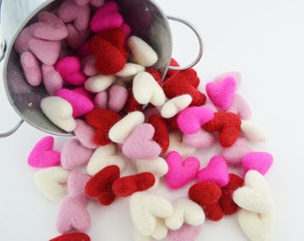 10, 20 or 40 Count 3 CM Felted Hearts, Felt Heart Shapes, Valentines Day, Felt Hearts, Pom Pom Garland, Wool Heart Beads  Felt Ball Garland