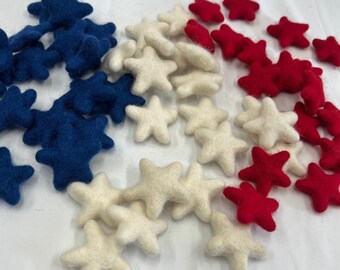 5 or 10 Count 3-4 cm RED, BLUE or WHITE Stars, Felt Star Shapes, Star Shapes Felt Balls, Felted Stars, Wool Star Beads,  Pom Pom Garland