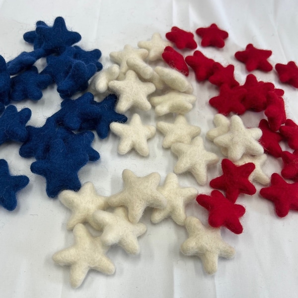 5 or 10 Count 3-4 cm RED, BLUE or WHITE Stars, Felt Star Shapes, Star Shapes Felt Balls, Felted Stars, Wool Star Beads,  Pom Pom Garland