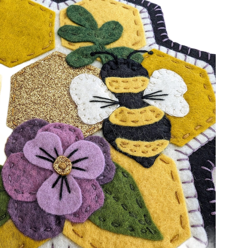 New SWEET HONEYCOMB MINI Candle Mat, Embroidery Kit, Merino Wool Felt Honey Bee Mini Candle Mat Kit, Spring Wool Applique Kit, Home Decor image 5