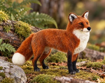May include: A needle-felted fox figurine featuring a vibrant orange-red coat, a white chest, and a white-tipped tail. The fox has black lower legs and feet, pointed ears with white inner fur, and a black nose, standing in a realistic pose.