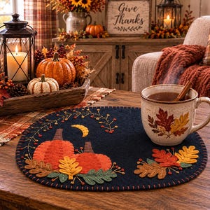 May include: A round dark blue felt mat featuring embroidered orange pumpkins, a yellow crescent moon, and colorful autumn leaves. A speckled ceramic mug with a leaf design and a cinnamon stick sits on the mat, which is placed on a wooden table.