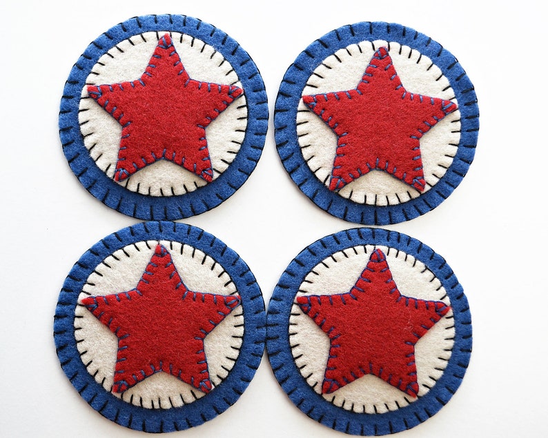4 Pc Red White /& Blue Coaster Kit Prim Stars Coaster Kit All Inclusive Wool Felt Applique Kit Penny Rug Wool Felt Kit Merino Wool Felt Kit