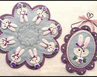 SPRING BUNNIES | Wool Applique Kit Spring | Wool Felt Applique Kits Candle Mat | Wool Felt Embroidery Kit | Wool Applique Kit Easter Bunnies