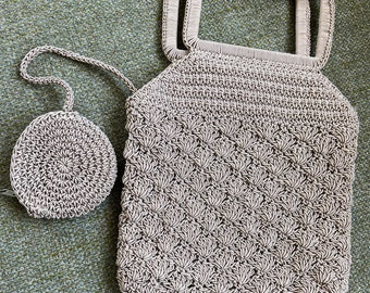 This is the sweetest little crochet vintage handbag with attached coin case perfect for spring/summer beige 8.5" by 7" w/o handles