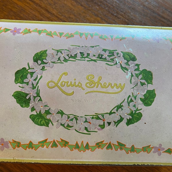 vintage lavender Candy box metal tin storage Louis sherry New york Paris