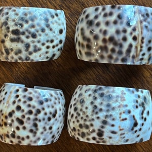 Könnte beinhalten: Vier Serviettenringe aus Muscheln. Jeder Ring hat eine zylindrische Form mit einem gesprenkelten Muster in Braun- und Cremefarben. Die Ringe sind auf einer Holzoberfläche angeordnet.
