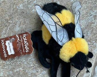 Vintage FOLKMANIS Honey Bumble Bee Plush Hand Puppet 8" Black Yellow Glove White Wings