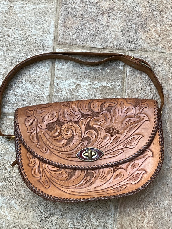 vintage leather handbag tooled 1970s