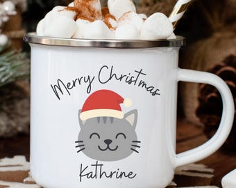 Taza navideña personalizada con diseño de gato/taza navideña esmaltada para caravana