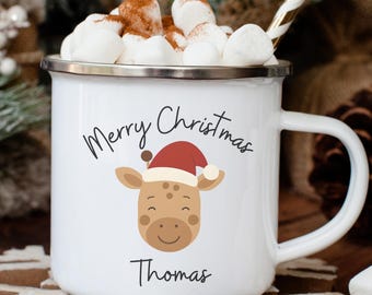 Taza navideña personalizada: Taza infantil de camper esmaltada con diseño de jirafa