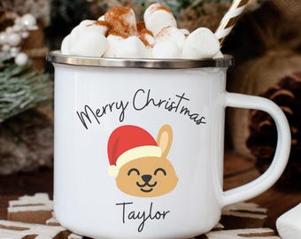 Taza navideña personalizada / Conejo, taza infantil de esmalte para caravana