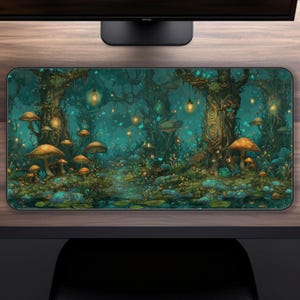 Puede incluir: Alfombrilla de ratón rectangular con una escena de bosque de fantasía. El diseño incluye grandes setas, linternas brillantes y un camino sinuoso a través de un bosque místico. La paleta de colores está dominada por tonos de verde azulado, marrón y naranja.