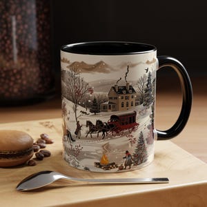 Winter Village Story Accent Mug – Vintage Country Scene with Horse-Drawn Sleigh – Cozy Folk Art Coffee Cup – Holiday Gift Idea  11, 15oz