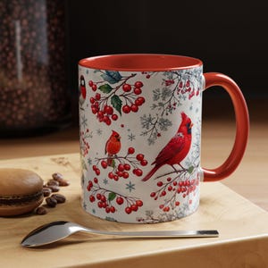 Festive Cardinal Mug – Winter Bird and Red Berry Design – Perfect for Holiday Gifting Accent Coffee Mug (11, 15oz)