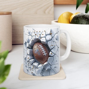 3D Football Mug: Cracked Wall Design, Sports Fan Gift