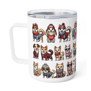 Cute Dog Insulated Mug Cozy Pet Lover Travel Cup  Puppy Coffee Tumbler Gift for Dog Mom Thermal Mug – Winter Dog Themed Gift  10oz