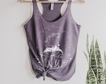 Frog on Mushroom Botanical Tank Top, Flower shirt, mushrooms, magical gift for her, woodland creature, fairytale, frogs