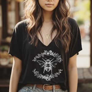 Bee Botanical Shirt Oversized Slouchy V Neck Tee Loose tshirt boho gift for her, bee keeper, floral, flowers, nature, save the bees