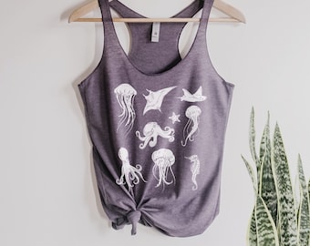 Sea Creatures Ocean tank top shirt Ladies screenprint Mother's Day Gift for her, nature, squid octopus, sea life, sting ray, star fish