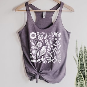 Floral Bird tank top shirt Ladies screenprint Mother&#39;s Day Gift for her, nature, bird shirt, boho, hippie, flowers, floral