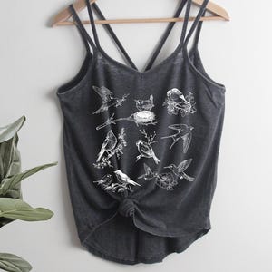 Bird Collage Strappy Tank Top Ladies Shirt screenprint Mother&#39;s Day gift for her, summertime, birds, flowers, flower, vintage summer