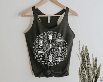 Botanical BUGS Tank Top Ladies Shirt screenprint Mother's Day gift for her, insects, insect, plants, gardening, flowers, bees, butterflies